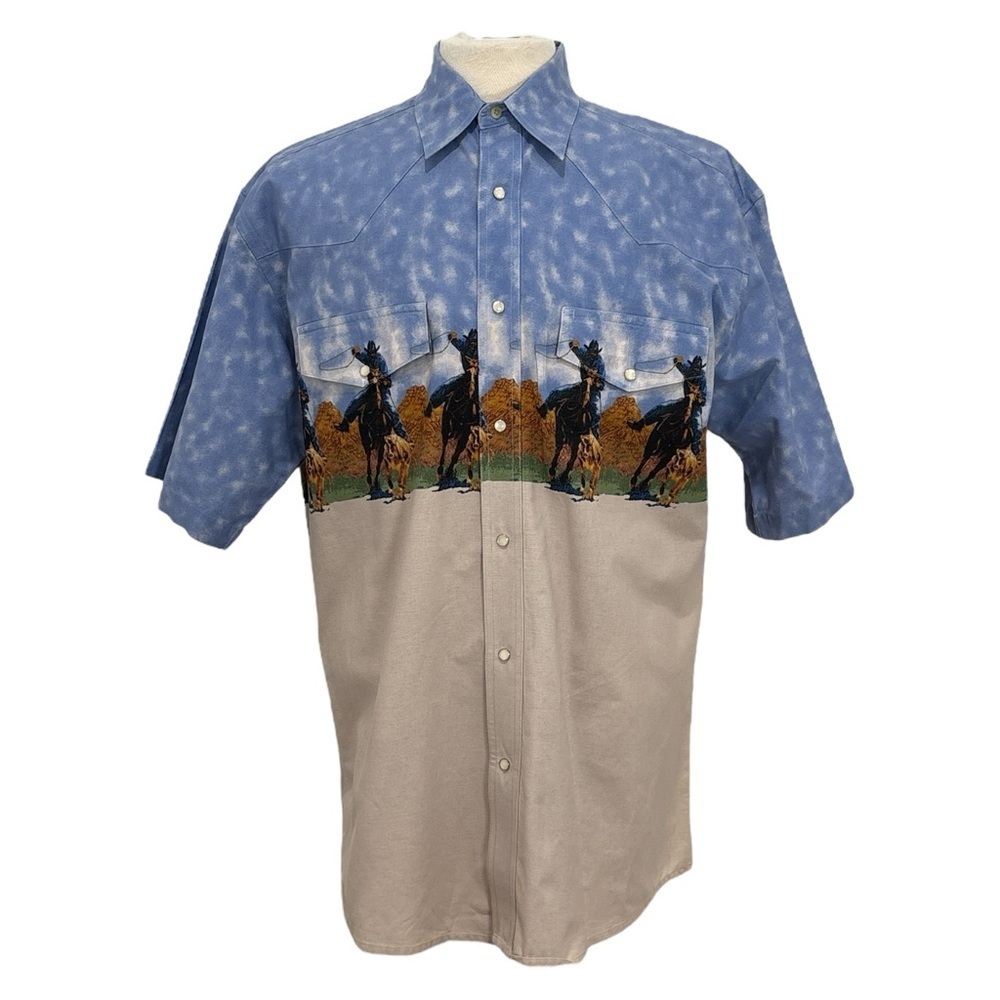 Vintage Wrangler Western Men's Shirt Size Large Blue Tan Pearl Snap Cowboy Rodeo